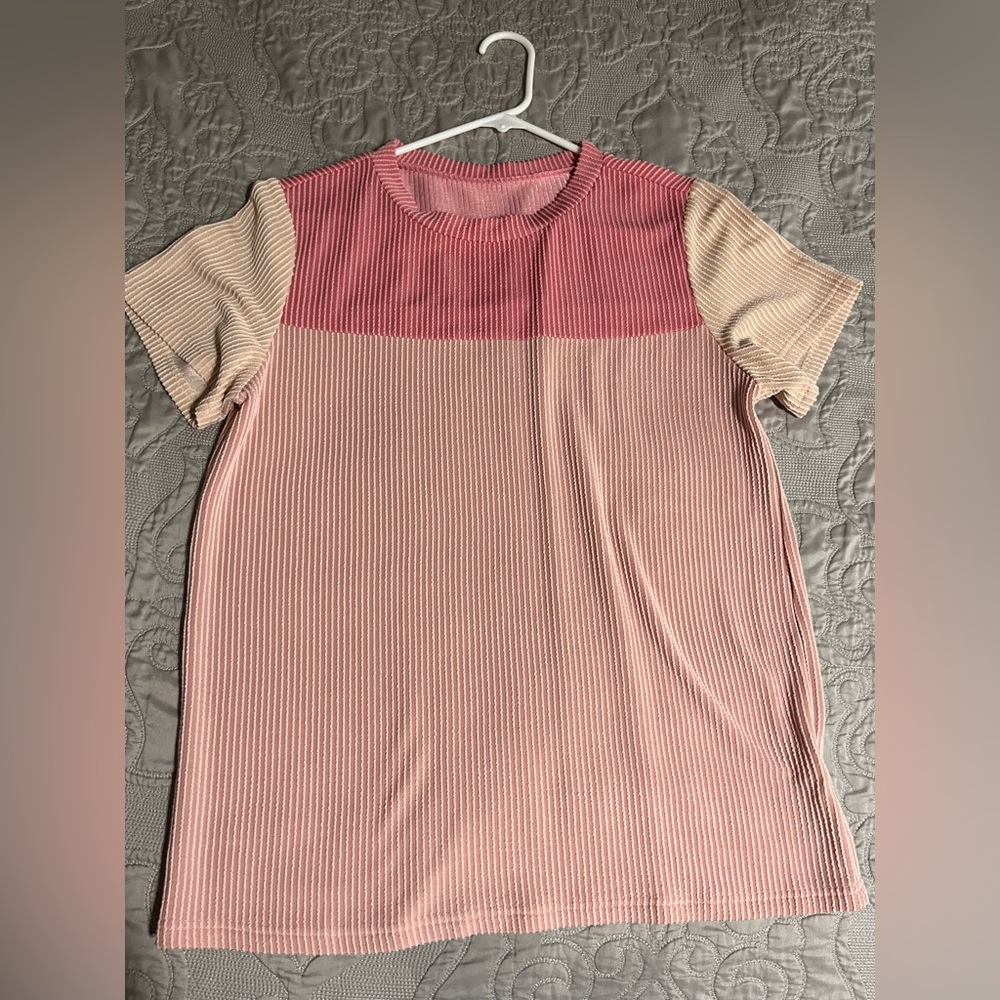 Casual Colorblock Ribbed Knit Top - Pink & Cream
